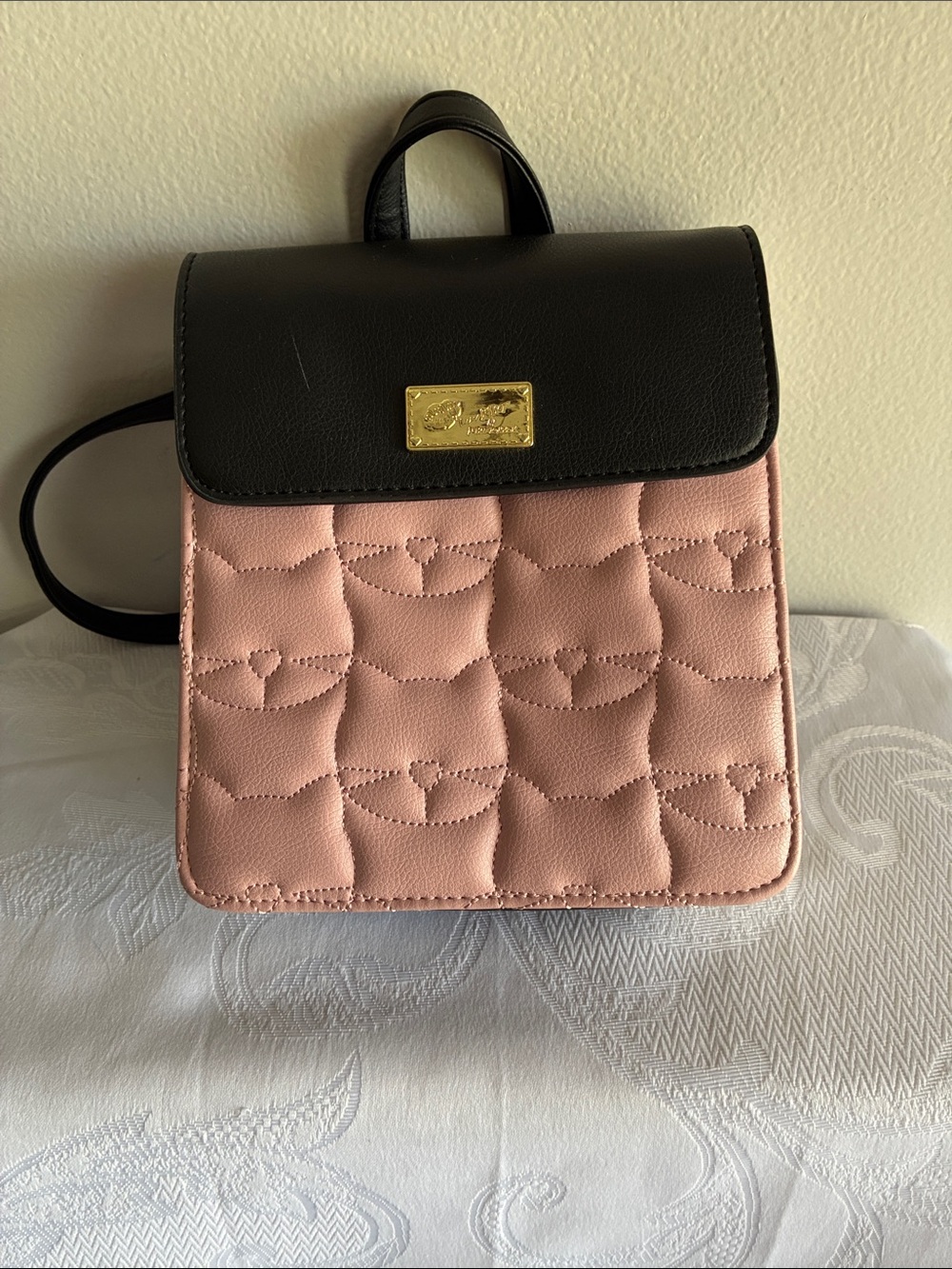 Betsey Johnson Black & Pink Quilted Heart Accent Mini Backpack